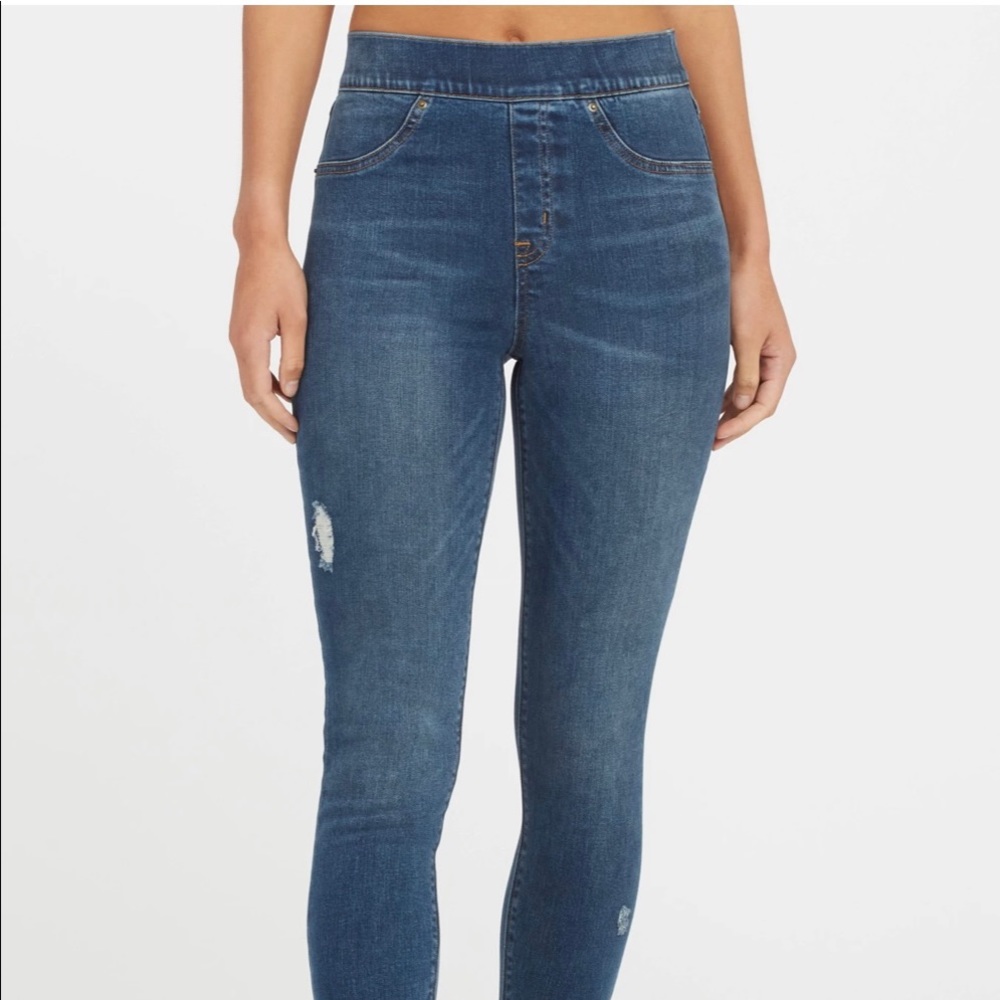 SPANX Distressed Ankle Skinny Jeans, Medium Wash - Size Large